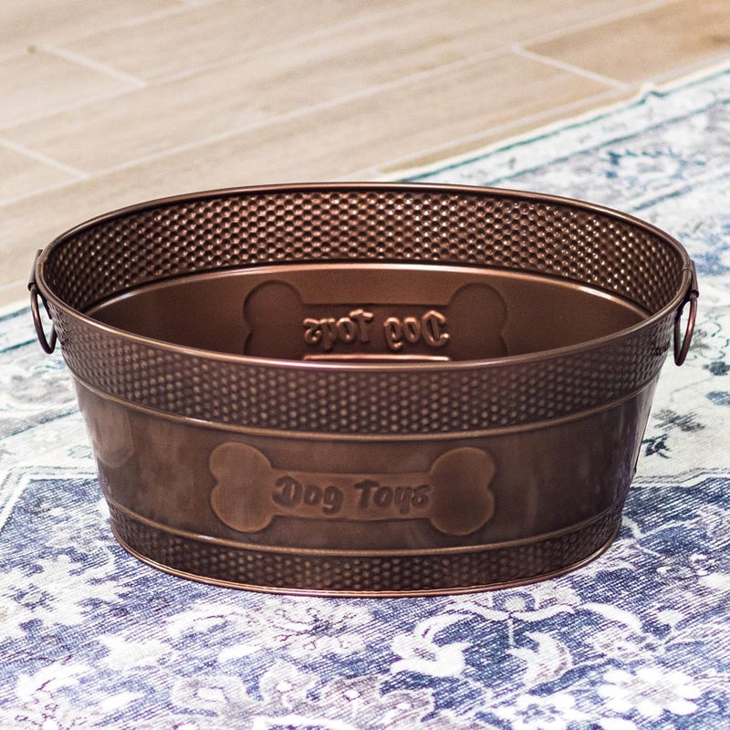 BREKX Indestructible Metal Dog Toy Bin - Copper Galvanized Storage Bin with Handles, Pet Storage Organizer - Ropes, Blankets, & Leashes, Bone Design Pet Toy Box (15-Quart) - Image 4